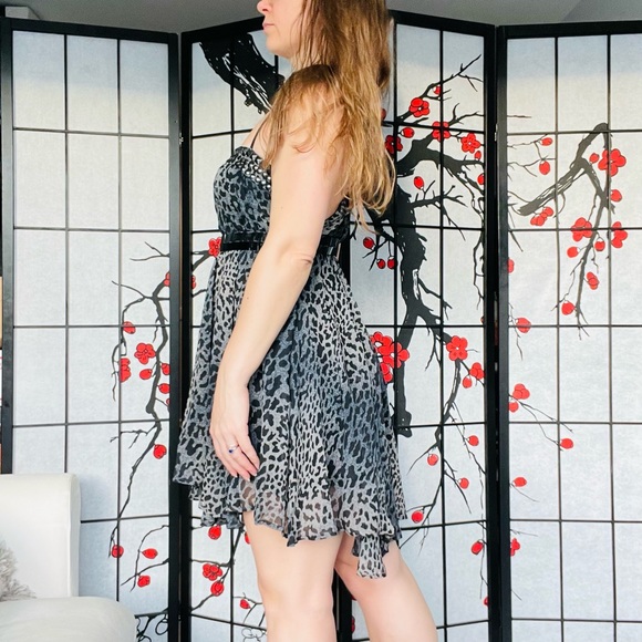 Bebe Silk High Waist Hi-Lo Leopard A-line Studs Bugles Beads Studs Gray Dress S - Picture 14 of 17